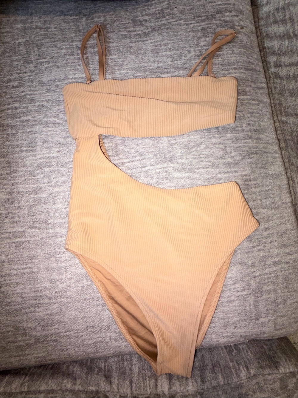 Frankie's Bikinis Ribbed One-Shoulder Cutout One-Piece in Tan